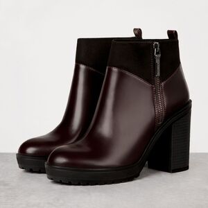 Bershka Burgundy Brown/Black Zip Ankle Heeled Boot Booties Size EU 37